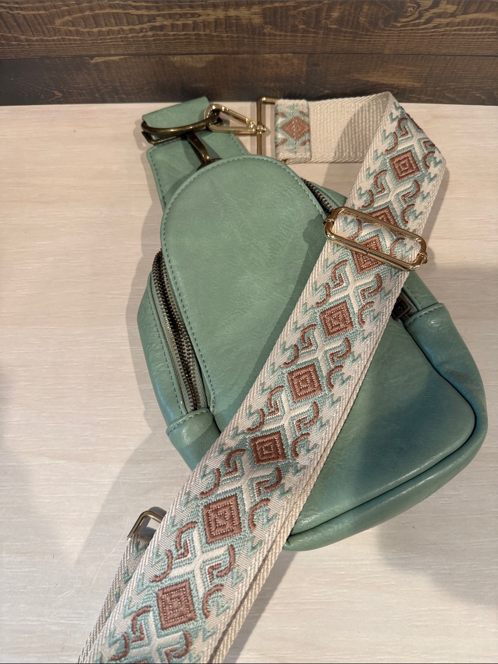 Pink Lily Mint Green Crossbody Sling Bag with Patterned Strap